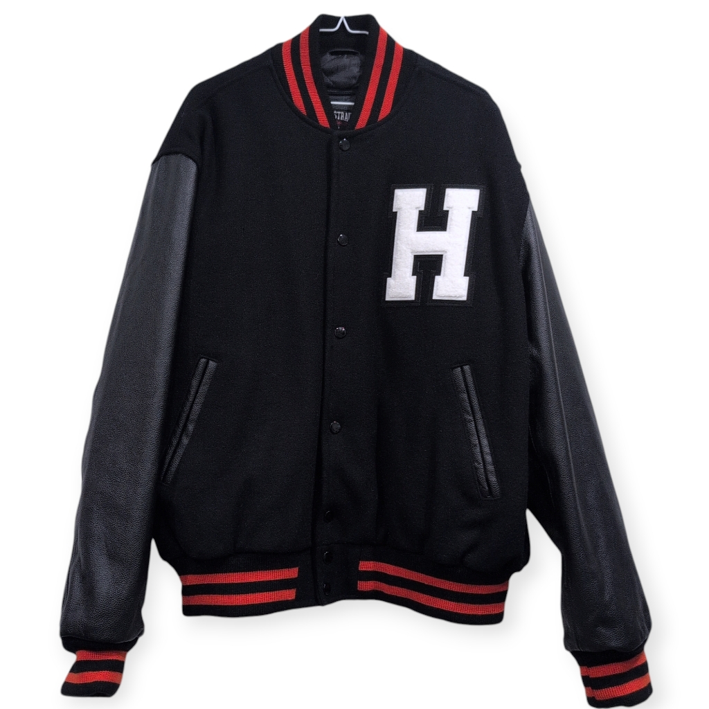 Vintage Stewart & Strauss Varsity Jacket Men's Med Black Letterman Wool Leather